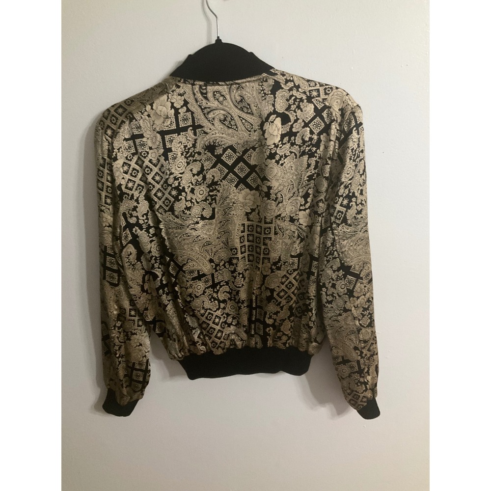 SLB Petite 100% Silk Bomber Jacket Gold Black Paisley Floral Print Small - Picture 2 of 4